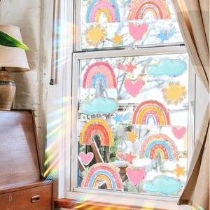 Rainbow holographic window stickers set with clouds and hearts for home decor