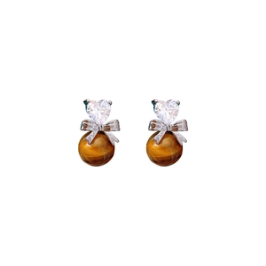Silver bow earrings with heart zircon and brown tiger eye stone beads for women