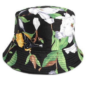 Ethnic floral bucket hat with bird print and reversible double-sided sun protection