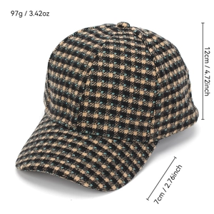 Plaid baseball cap with dimensions 7cm brim, 12cm height, and 97g weight on white back