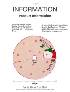 Detailed size chart for 108cm Santa burlap Christmas tree skirt with 8cm inner diameter