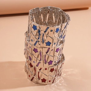 Three-piece silver metal wide bangles set with colorful star patterns and hollow designs