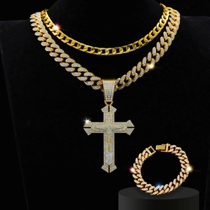 Hip Hop Iced Out Cross Pendant Necklace And Cuban Link Bracelet Alloy Rhinestone Plated Shiny Streetwear Jewelry For Men