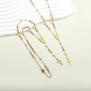 Stainless Steel Gold Plated Rosary Necklace Religious Cross Virgin Mary Medal Pendant Jewelry For Men Women Polished