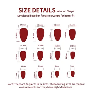 Size chart for red heart almond press-on nails showing 12 sizes across 24 pieces