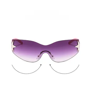 Detailed macro of silver star metal accent on gradient purple shield Y2K sunglasses