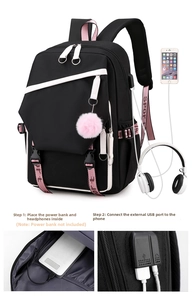 Detail of waterproof school backpack with integrated USB charging port and headphone jack