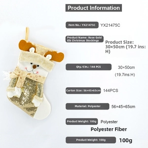 Detail of rose gold elk Christmas stocking with shiny sequins and 3D plush deer ornament