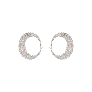 Pair of silver hollow mesh hoop earrings with textured beaded finish on white background