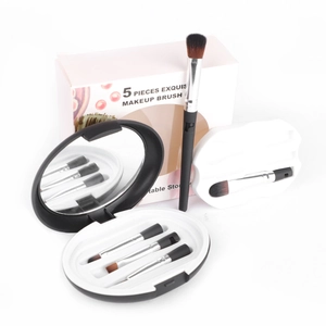 5-piece portable makeup brush set with mirrored travel case and brown fiber bristles