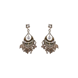 Bohemian style drop earrings with grey rhinestones and tassels in vintage gold finish