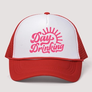 Red and white Day Drinking trucker hat with adjustable mesh back and sun graphic print
