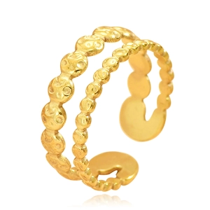 Vintage style double row gold coin stainless steel open ring with hammered texture