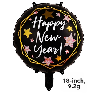 Detailed view of 18-inch black foil balloon with Happy New Year text and gold stars