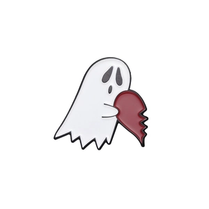 Cartoon white ghost enamel brooch hugging a red heart for Halloween fashion accessory
