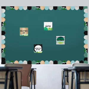 Classroom bulletin board border stickers with festive holiday cards on a green background