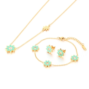 Parure bijoux en acier titane doré avec collier et boucles d'oreilles fleur émaillée