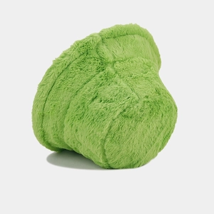 Detail of bright green fuzzy bucket hat showing soft plush texture and stitched crown