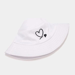 Minimalist white cotton bucket hat with black heart embroidery and sun protection brim