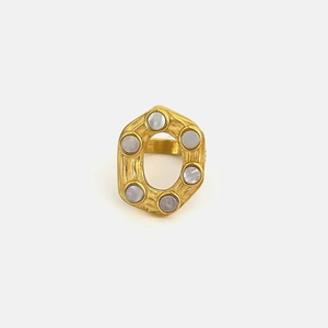 Irregular hexagon 18K gold plated stainless steel ring with white shell inlay