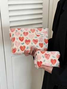 Heart Polka Dot Canvas Makeup Bag Portable Cosmetic Pouch Large And Small Travel Storage Bags Women Sweet Lightweight