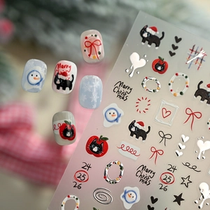 Christmas Nail Stickers 3D Embossed Silver Stamping Cartoon Black Cat Snowman Self Adhesive Winter DIY Manicure Decals
