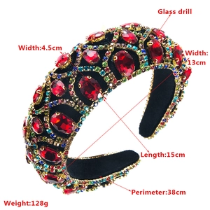 Detailed size specifications of baroque padded velvet headband with red glass rhinestones