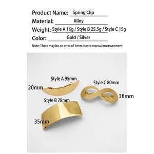 Minimalist gold alloy spring hair clips in crescent, rectangular and infinity shapes