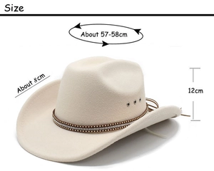 Detail of cream western cowboy hat with studded brown band and metal air vents
