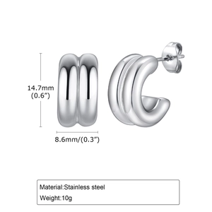 Detail showing dimensions 14.7mm x 8.6mm and 10g weight of stainless steel C-shape earrings