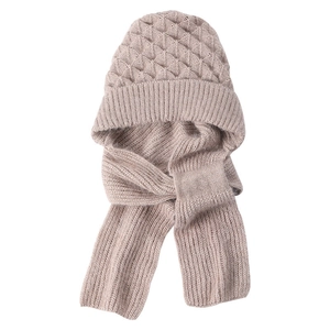Winter knitted hat and scarf set in oatmeal color with thick honeycomb fleece lining