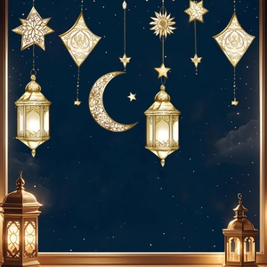Golden Ramadan wall stickers with crescent moon, stars, and lanterns on night sky background