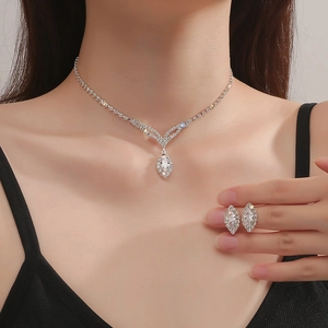 Elegant bridal jewelry set with V-shaped marquise zircon necklace and matching earrings