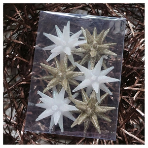 Detail of 6-piece sparkling white and gold star Christmas tree hanging ornaments in a box