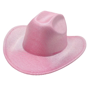 Pink and silver striped western cowboy hat with glossy texture for parties and festivals