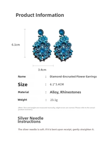 Detail view of blue flower stud earrings showing size 6.1cm by 3.4cm dimensions