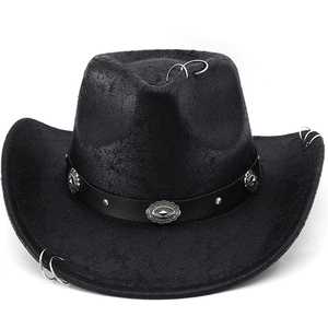 Western Cowboy Hat Retro Suede Texture Wide Brim Punk Rock Metal Rings Leather Band Sun Protection Fedora Jazz Cap