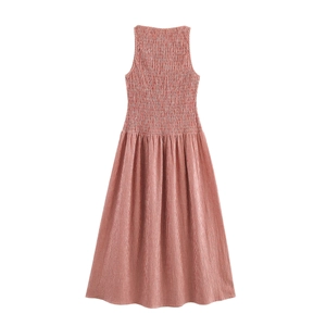 Sleeveless red and white checkered dress with smocked bodice and A-line skirt