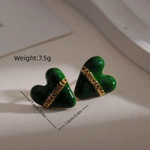 Luxurious dark green heart earrings with gold chain detail, 1.6cm chic stud jewelry