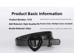 Detail of black PU leather belt with heart-shaped matte buckle measuring 92cm x 2cm