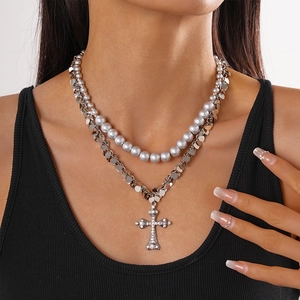 Double-layer silver necklace with pearls, heart sequins and rhinestone cross pendant
