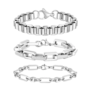 Men's minimalist silver stainless steel chain bracelet set featuring three link styles