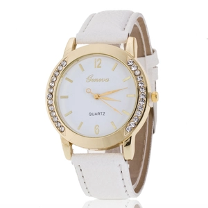 Close-up of white leather strap quartz watch with sparkling diamond-set bezel and gold case
