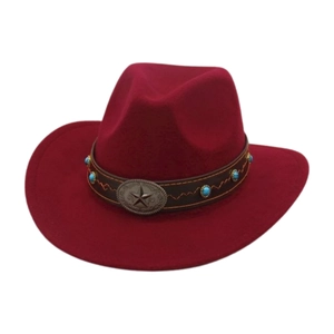 Vintage wine red western cowboy felt hat with turquoise beads and star metal buckle