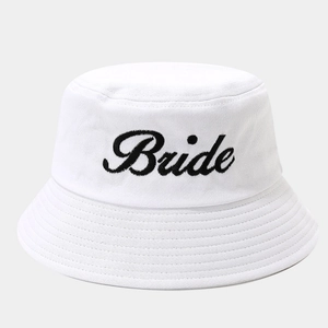 White cotton bucket hat with black Bride embroidery for weddings and bachelorette parties