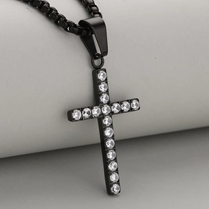 Minimalist black cross pendant necklace featuring shimmering clear rhinestones on box chain
