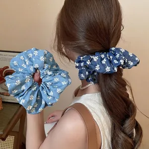 Floral Embroidery Denim Fabric Scrunchies Large Hair Ties Vintage Korean Style Elastic Ponytail Holder For Women
