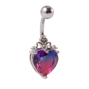 Silver crown navel ring with heart-shaped purple gradient gemstone on white background