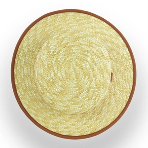 Top view of woven khaki straw hat showing fine texture and brown faux leather brim edge