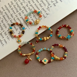 Beaded Ring Natural Agate Tiger Eye Stone Gold Plated Alloy Elastic Ethnic Retro Finger Jewelry Women